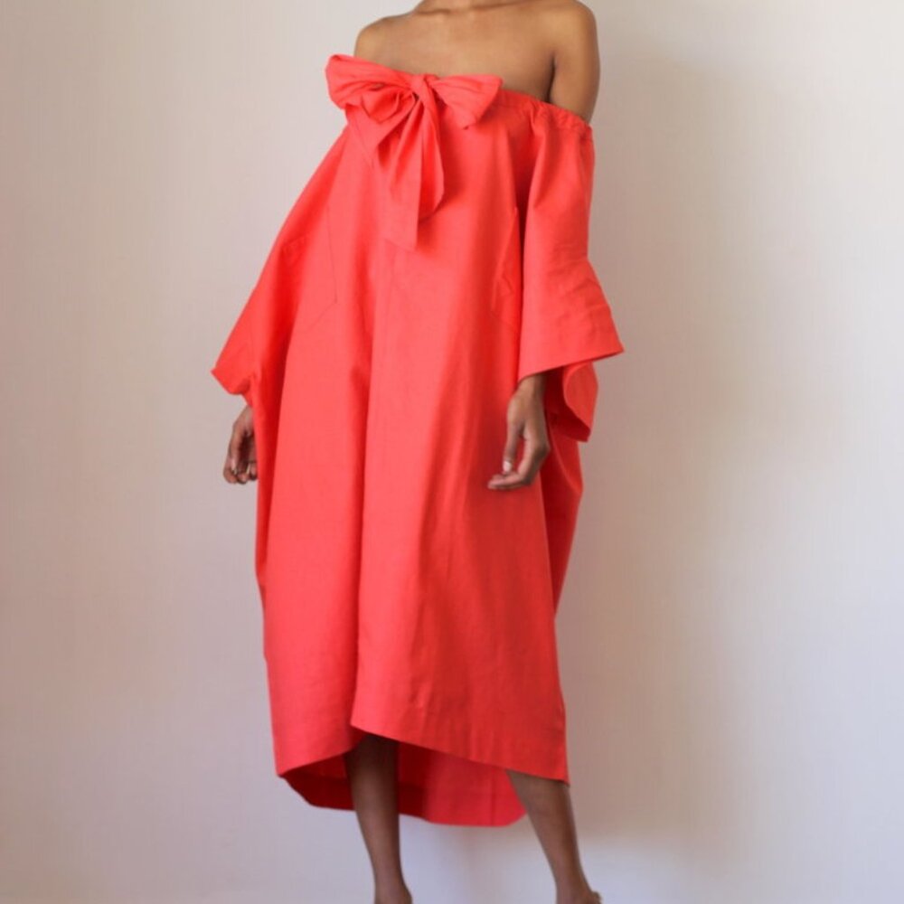 Desiree Klein Red Linen Cotton Bow Front Off Shoulder Oversized‎ Dress Small